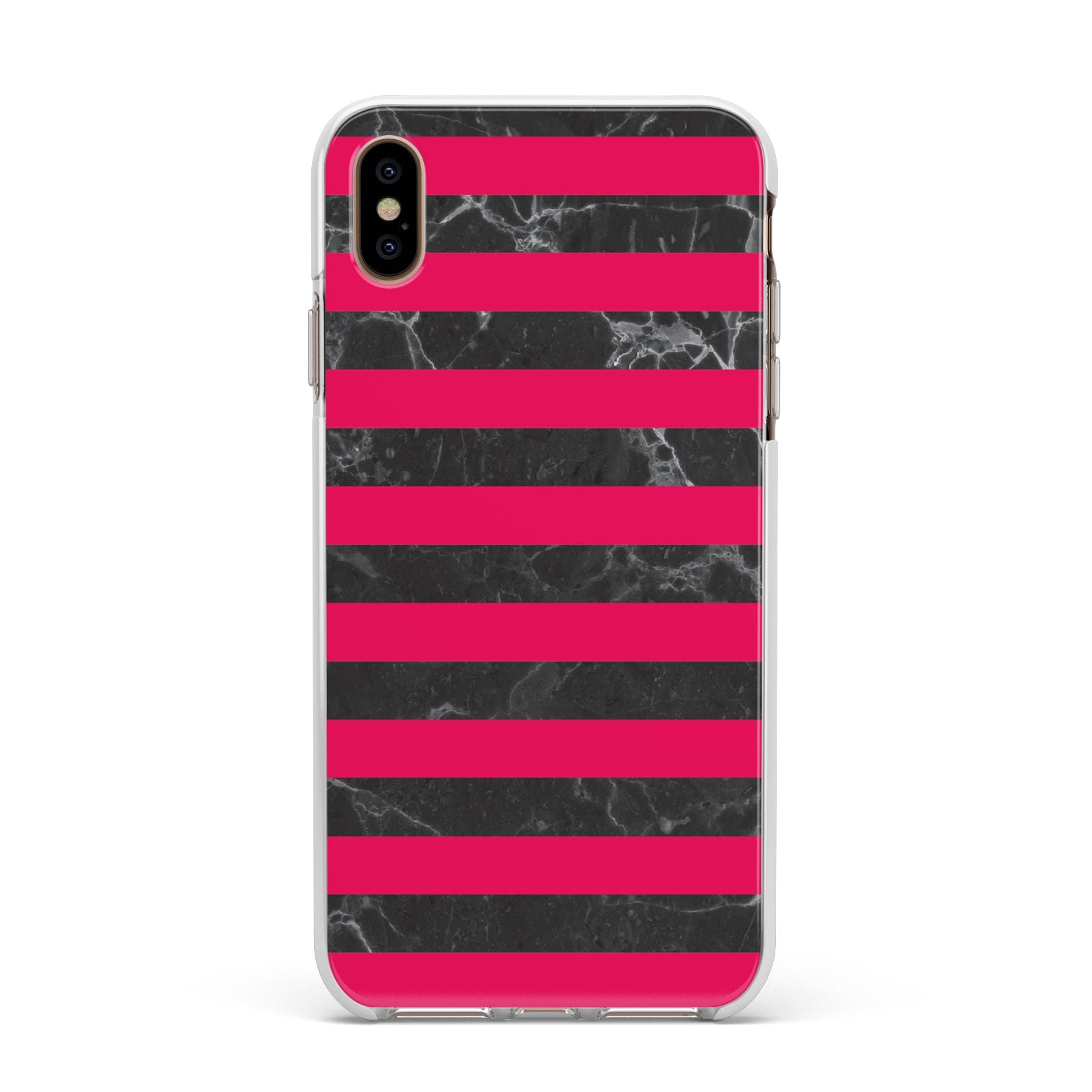 Marble Black Hot Pink Apple iPhone Xs Max Impact Case White Edge on Gold Phone