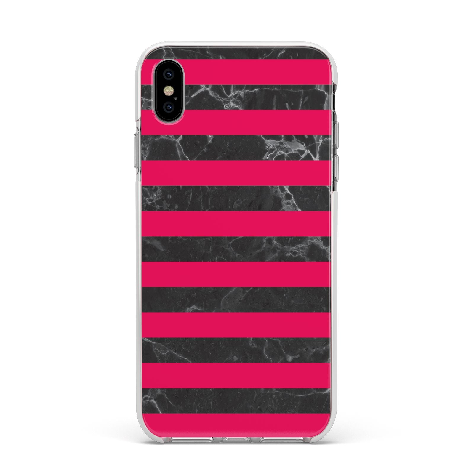 Marble Black Hot Pink Apple iPhone Xs Max Impact Case White Edge on Silver Phone