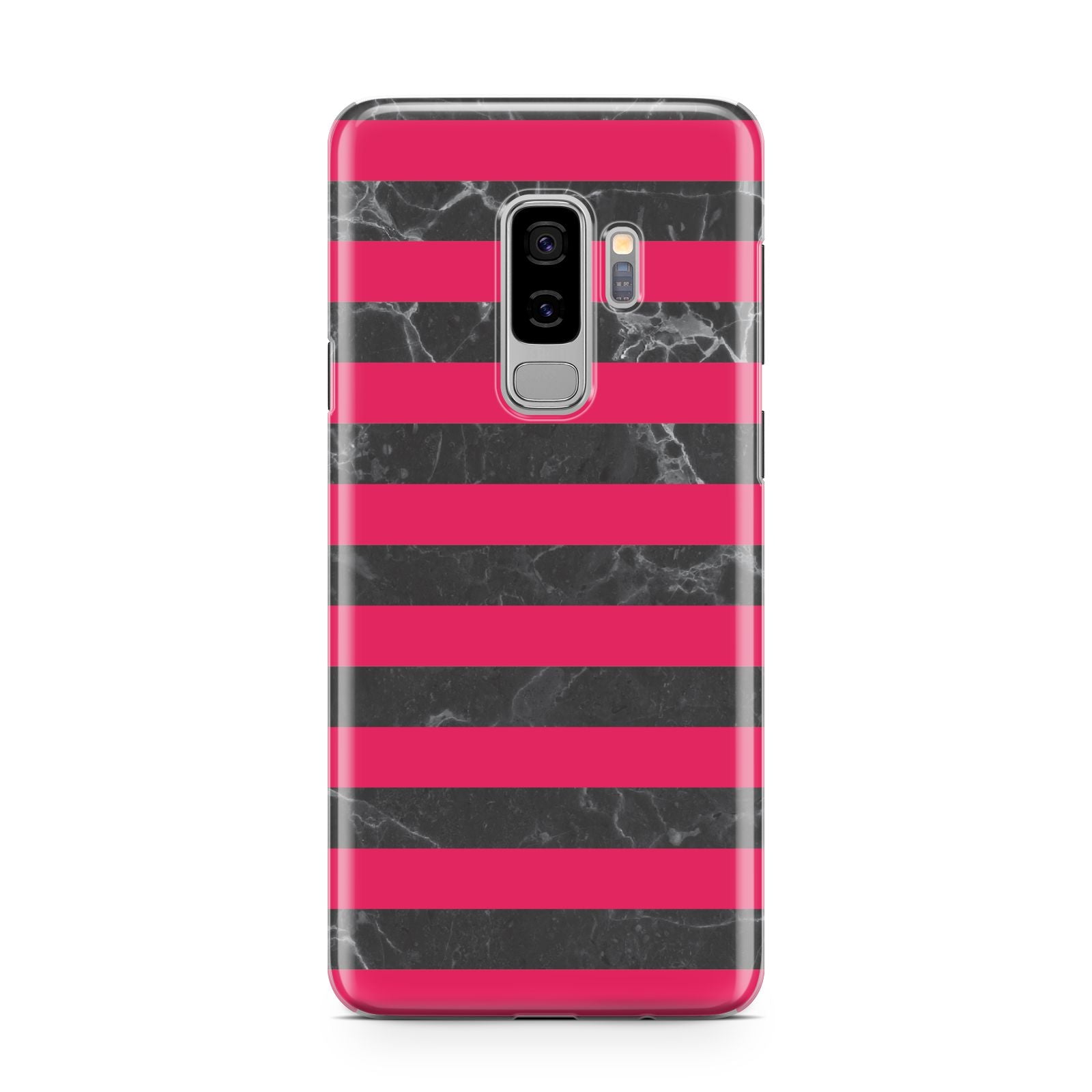 Marble Black Hot Pink Samsung Galaxy S9 Plus Case on Silver phone