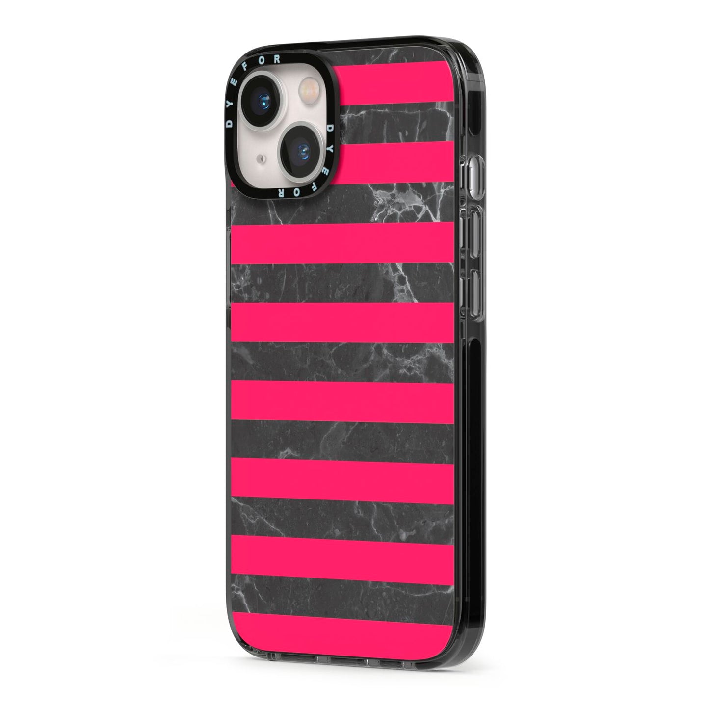 Marble Black Hot Pink iPhone 13 Black Impact Case Side Angle on Silver phone