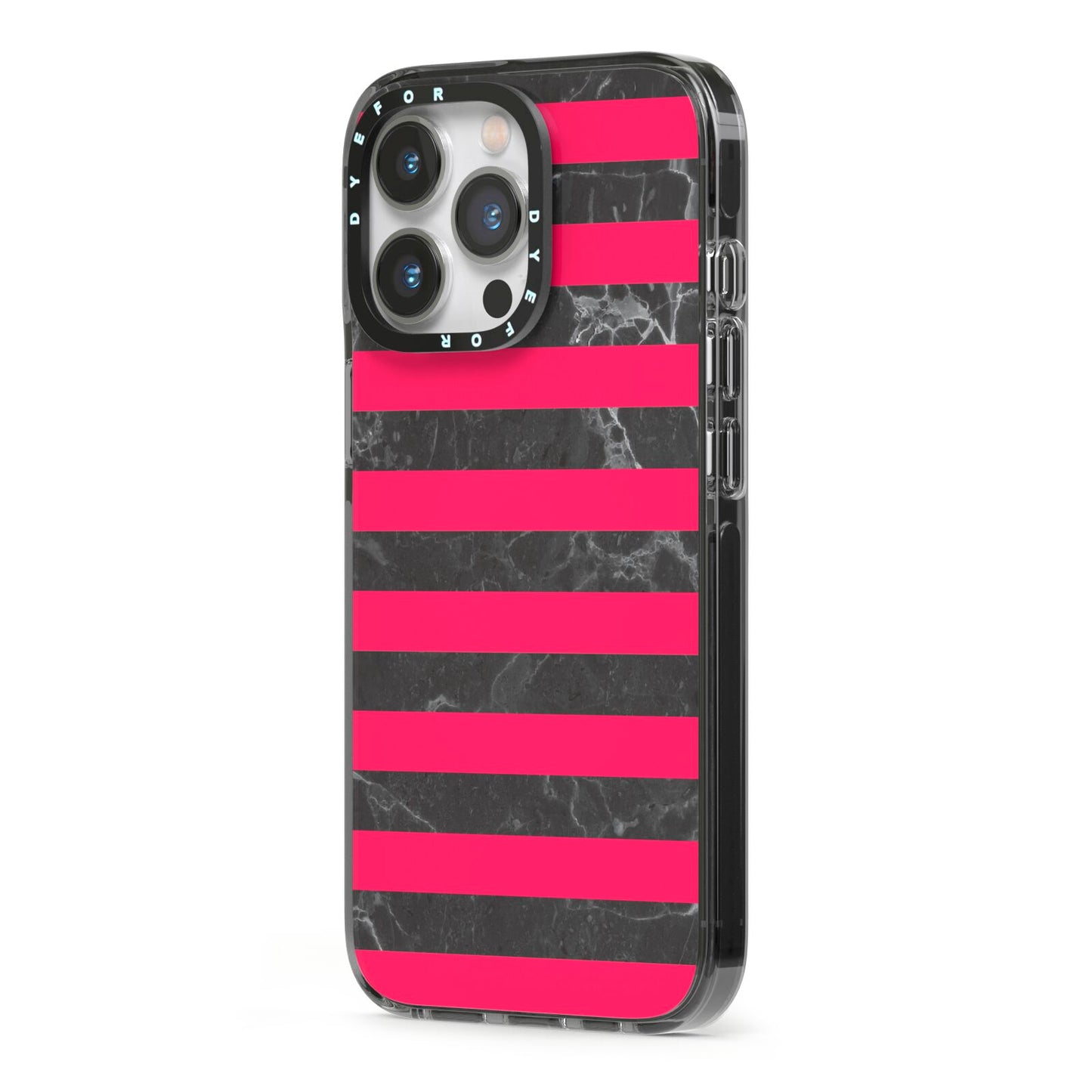 Marble Black Hot Pink iPhone 13 Pro Black Impact Case Side Angle on Silver phone