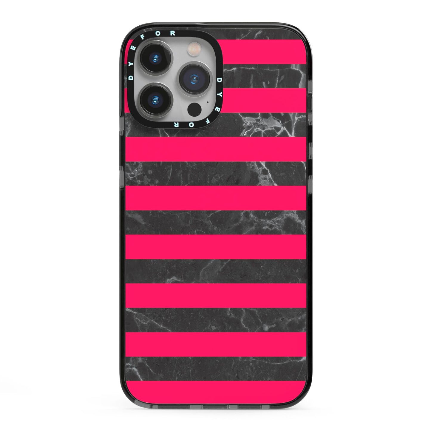 Marble Black Hot Pink iPhone 13 Pro Max Black Impact Case on Silver phone