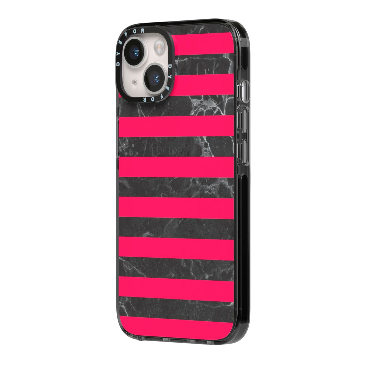 Marble Black Hot Pink iPhone 14 Black Impact Case Side Angle on Silver phone