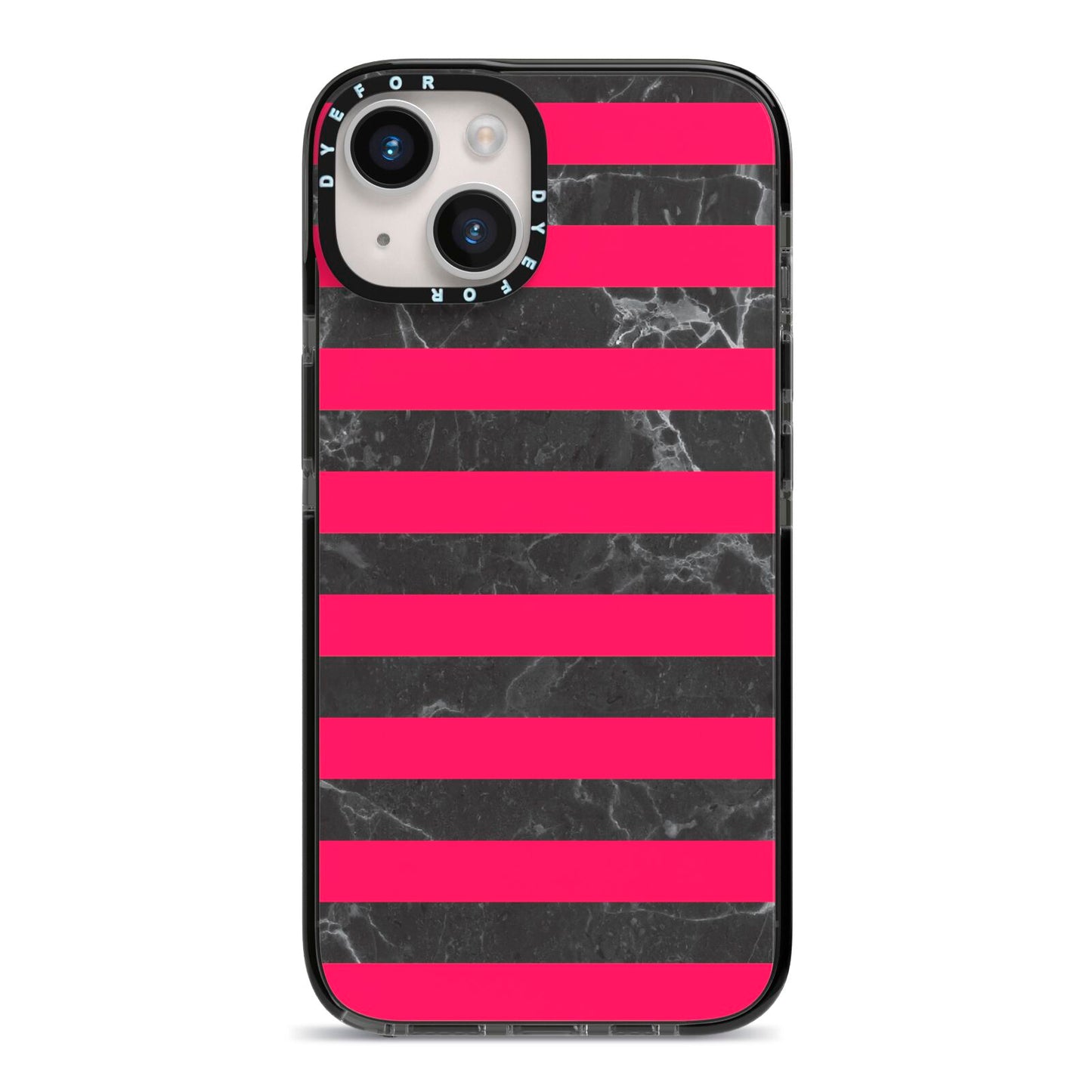 Marble Black Hot Pink iPhone 14 Black Impact Case on Silver phone