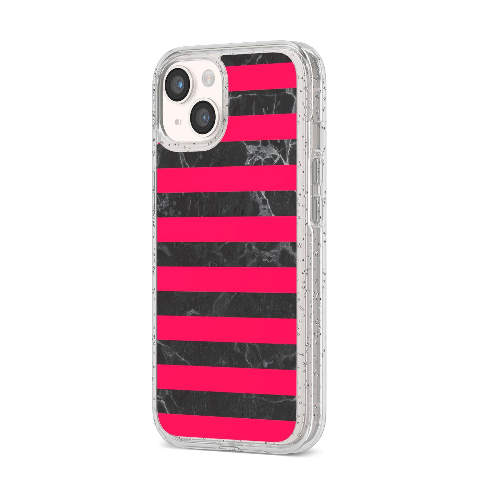 Marble Black Hot Pink iPhone 14 Glitter Tough Case Starlight Angled Image