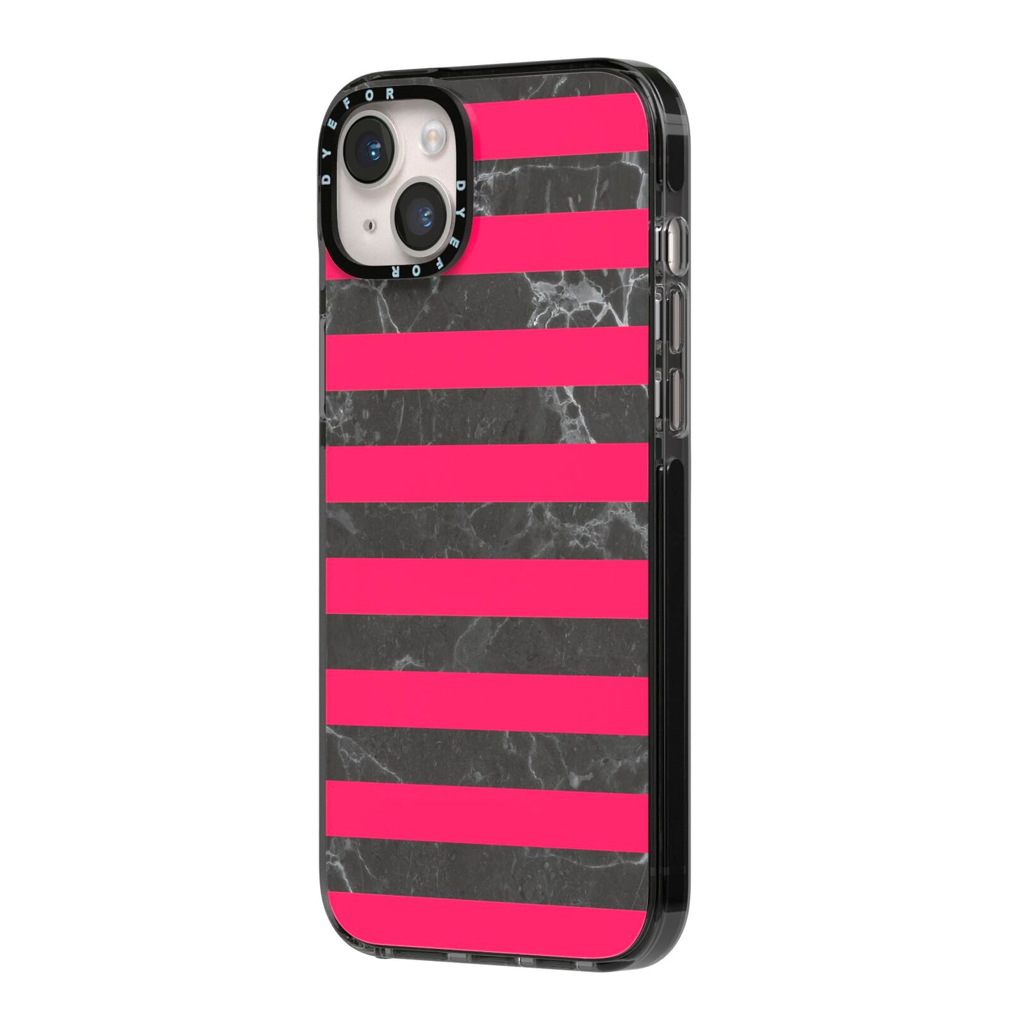 Marble Black Hot Pink iPhone 14 Plus Black Impact Case Side Angle on Silver phone