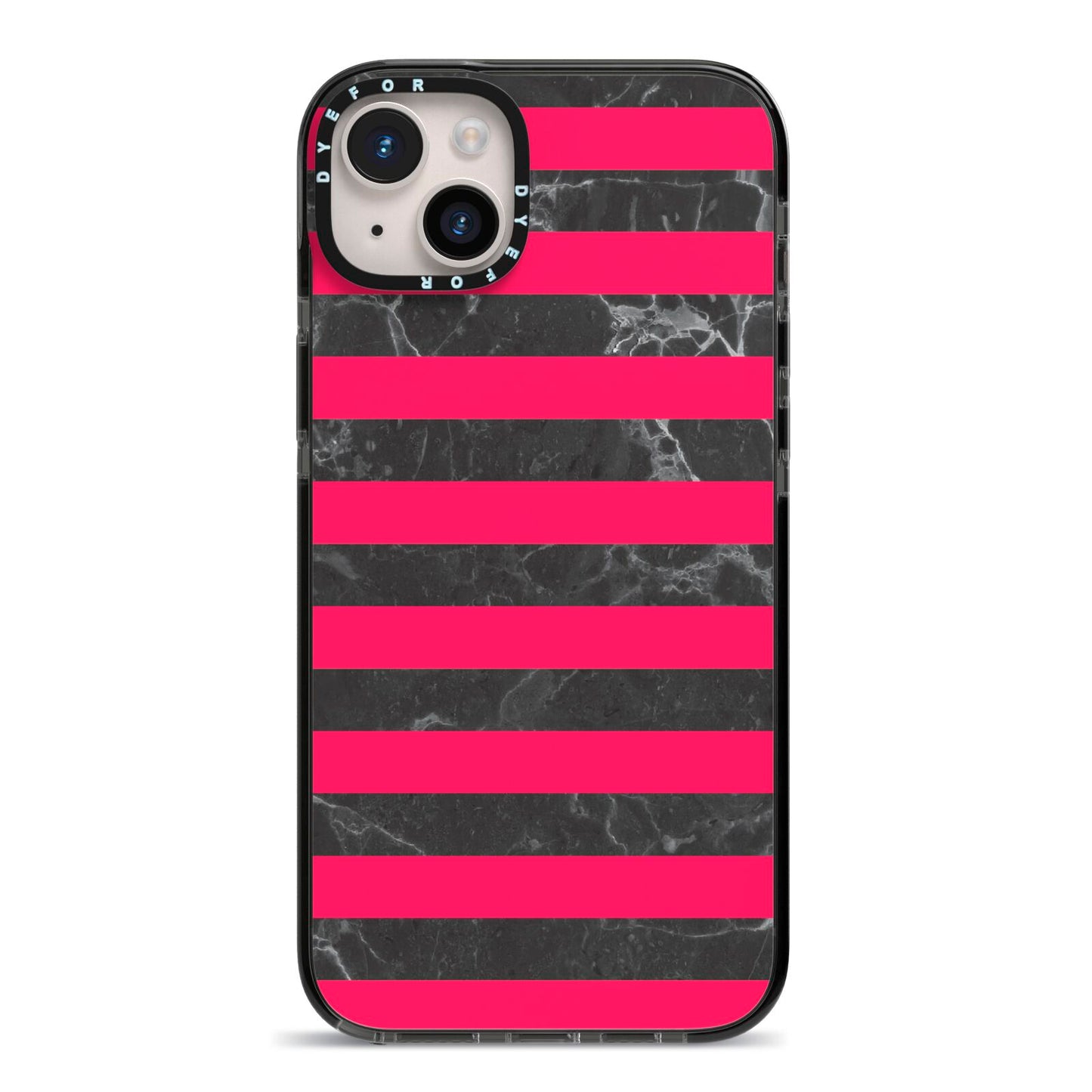 Marble Black Hot Pink iPhone 14 Plus Black Impact Case on Silver phone