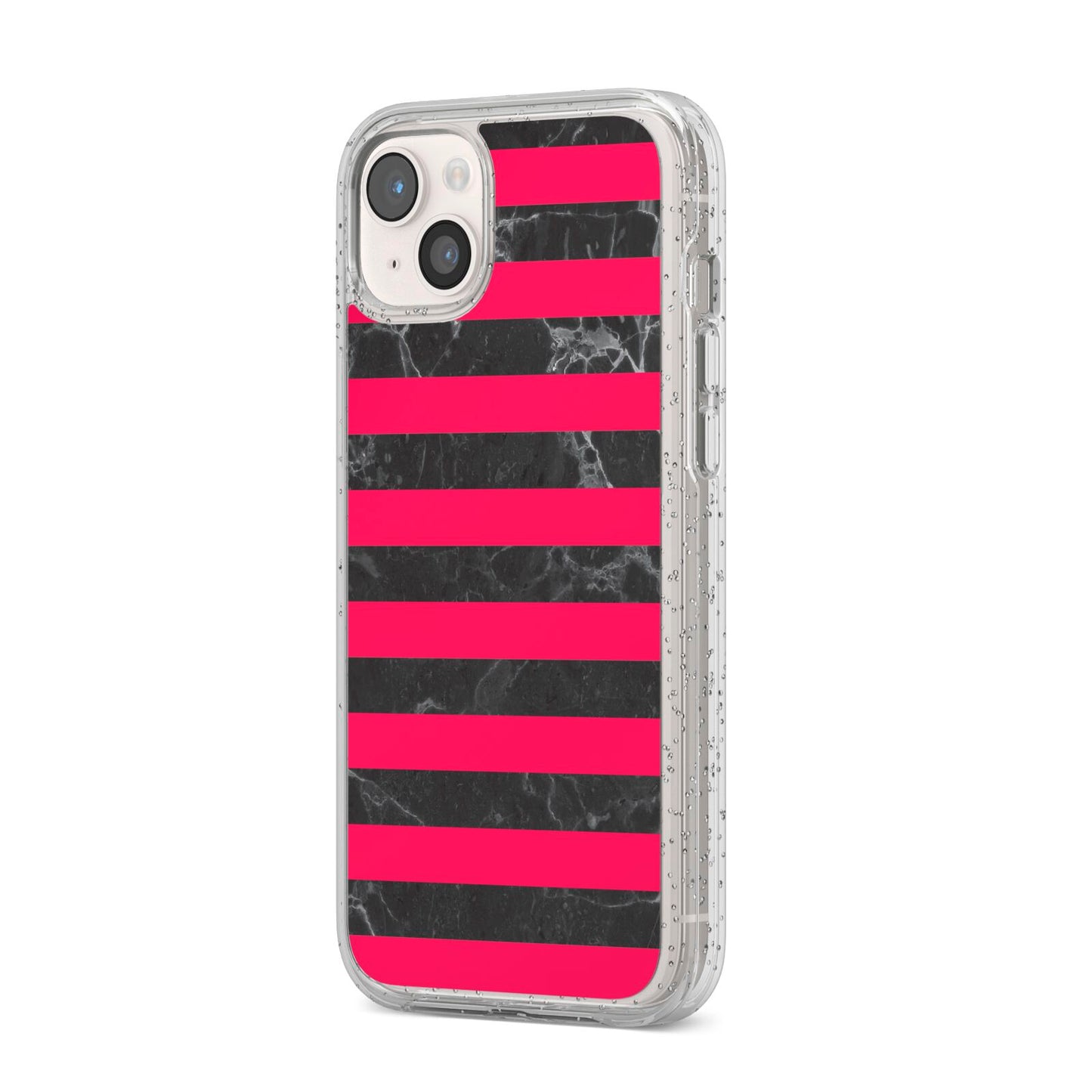 Marble Black Hot Pink iPhone 14 Plus Glitter Tough Case Starlight Angled Image