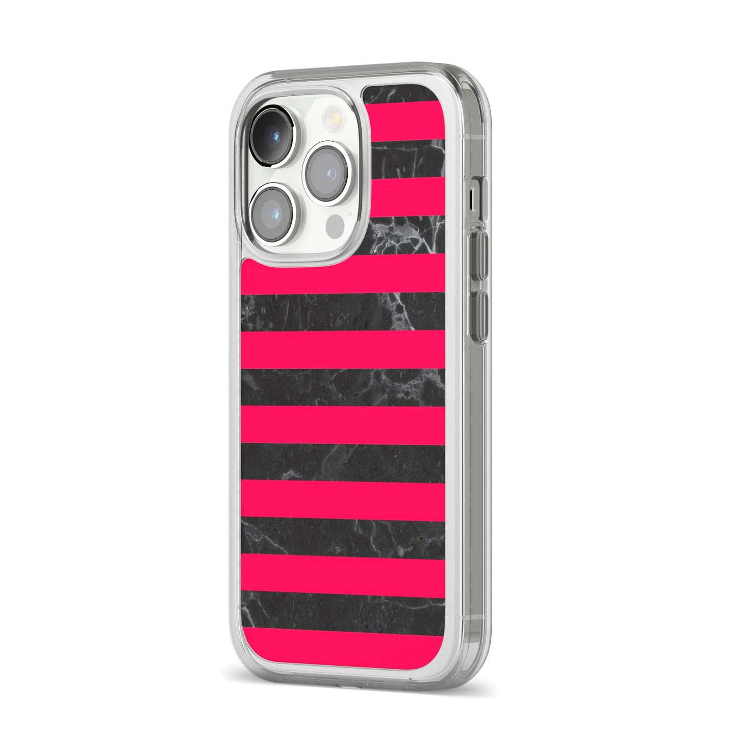 Marble Black Hot Pink iPhone 14 Pro Clear Tough Case Silver Angled Image