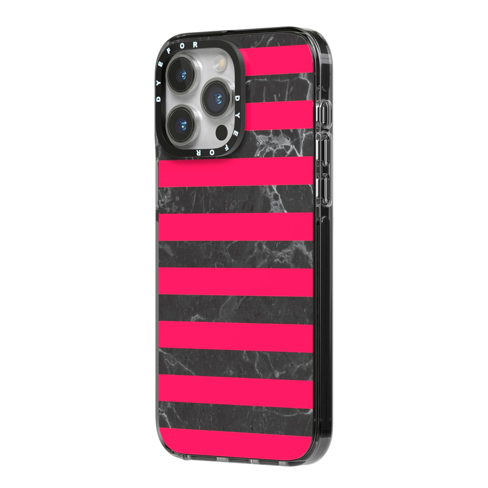 Marble Black Hot Pink iPhone 14 Pro Max Black Impact Case Side Angle on Silver phone