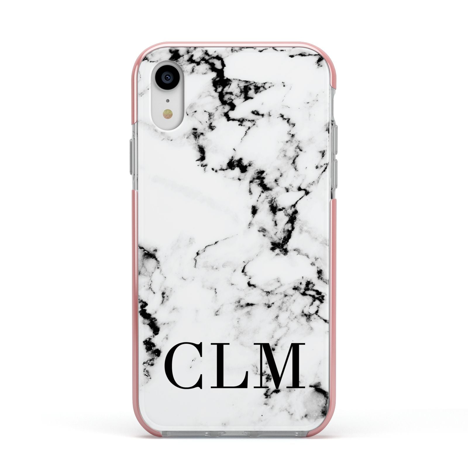 Marble Black Initials Personalised Apple iPhone XR Impact Case Pink Edge on Silver Phone