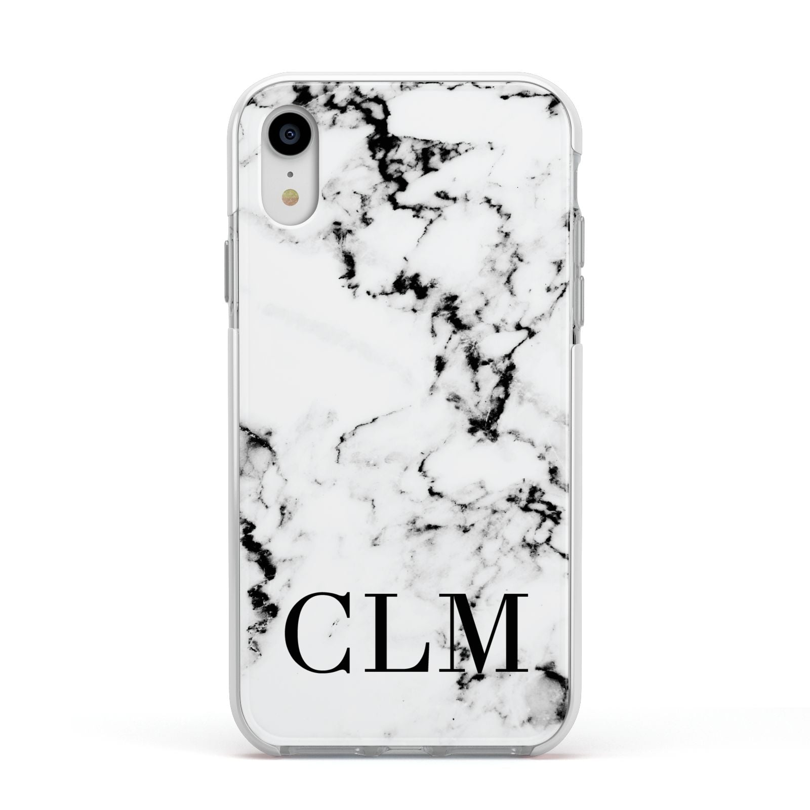 Marble Black Initials Personalised Apple iPhone XR Impact Case White Edge on Silver Phone