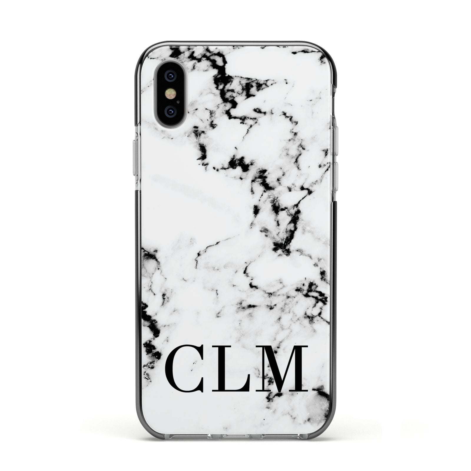 Marble Black Initials Personalised Apple iPhone Xs Impact Case Black Edge on Silver Phone