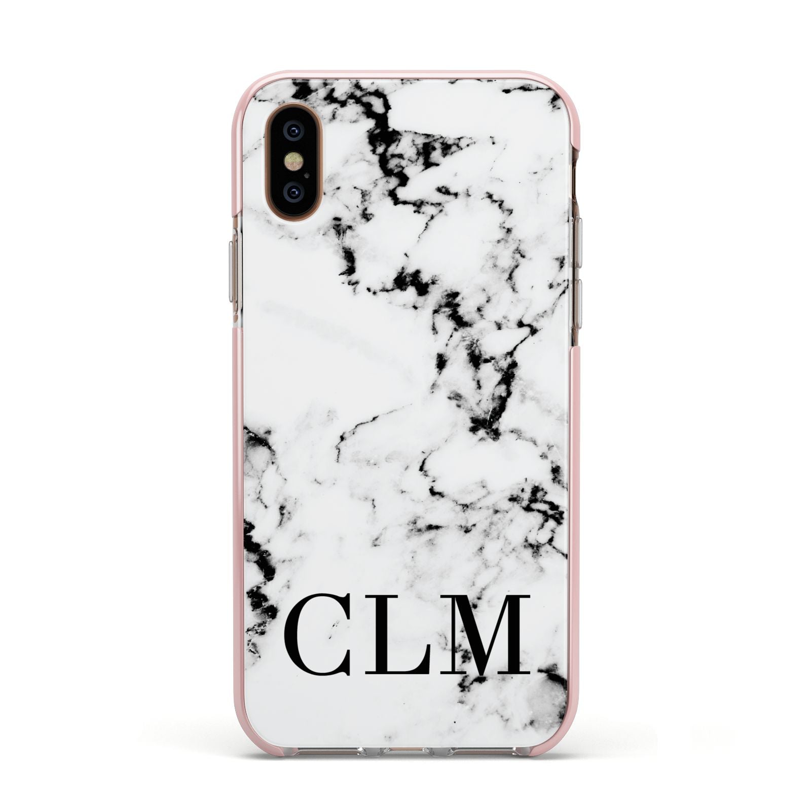 Marble Black Initials Personalised Apple iPhone Xs Impact Case Pink Edge on Gold Phone