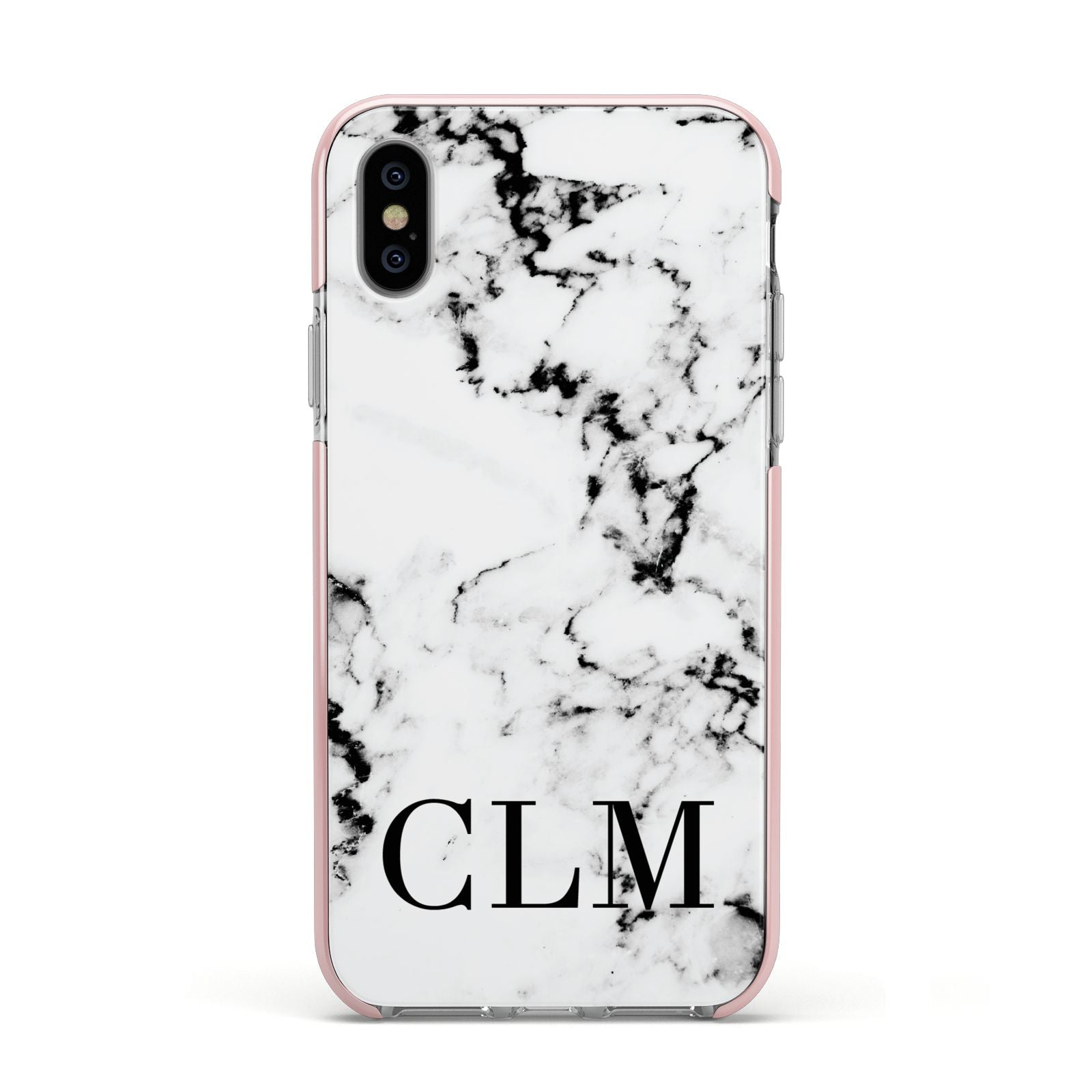 Marble Black Initials Personalised Apple iPhone Xs Impact Case Pink Edge on Silver Phone