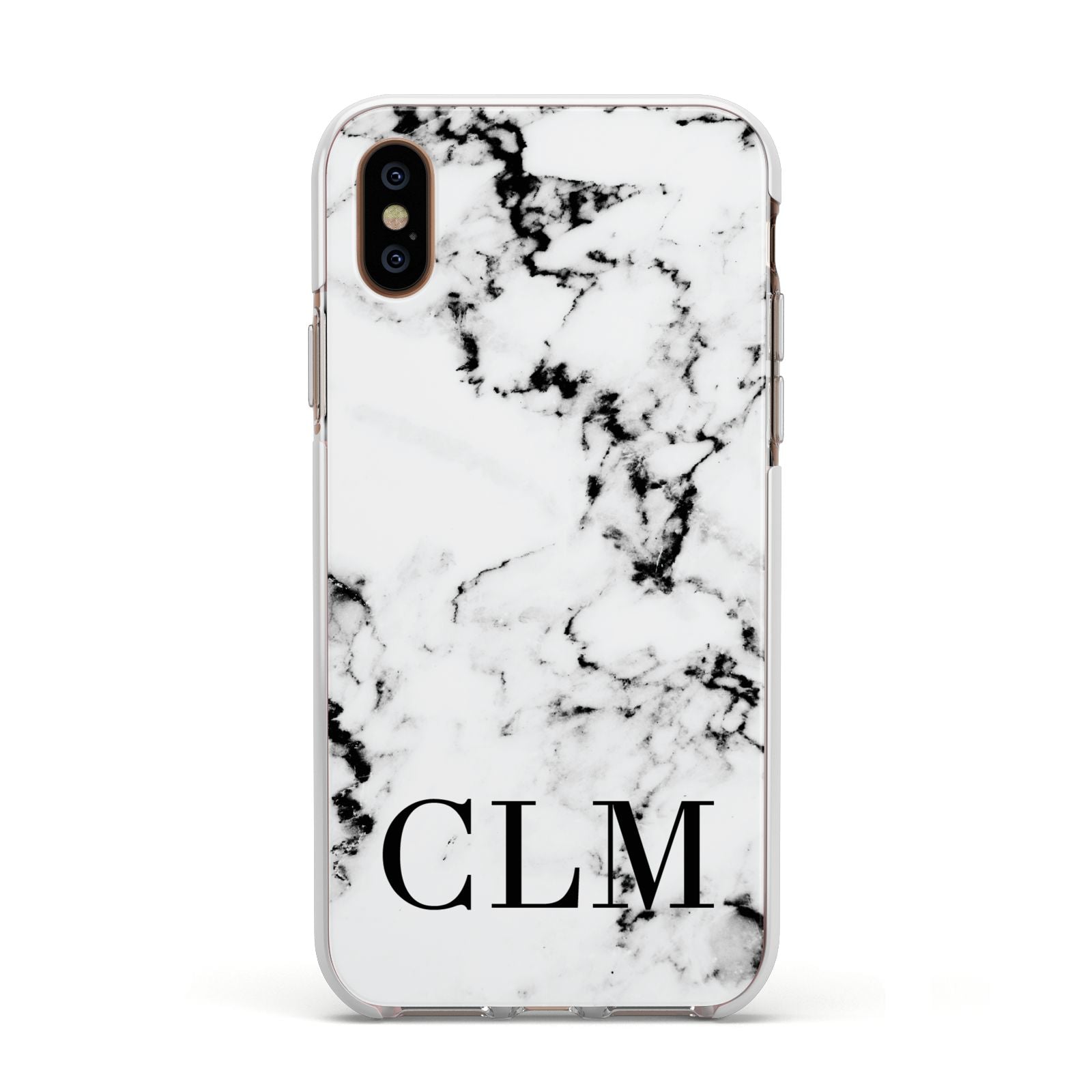 Marble Black Initials Personalised Apple iPhone Xs Impact Case White Edge on Gold Phone