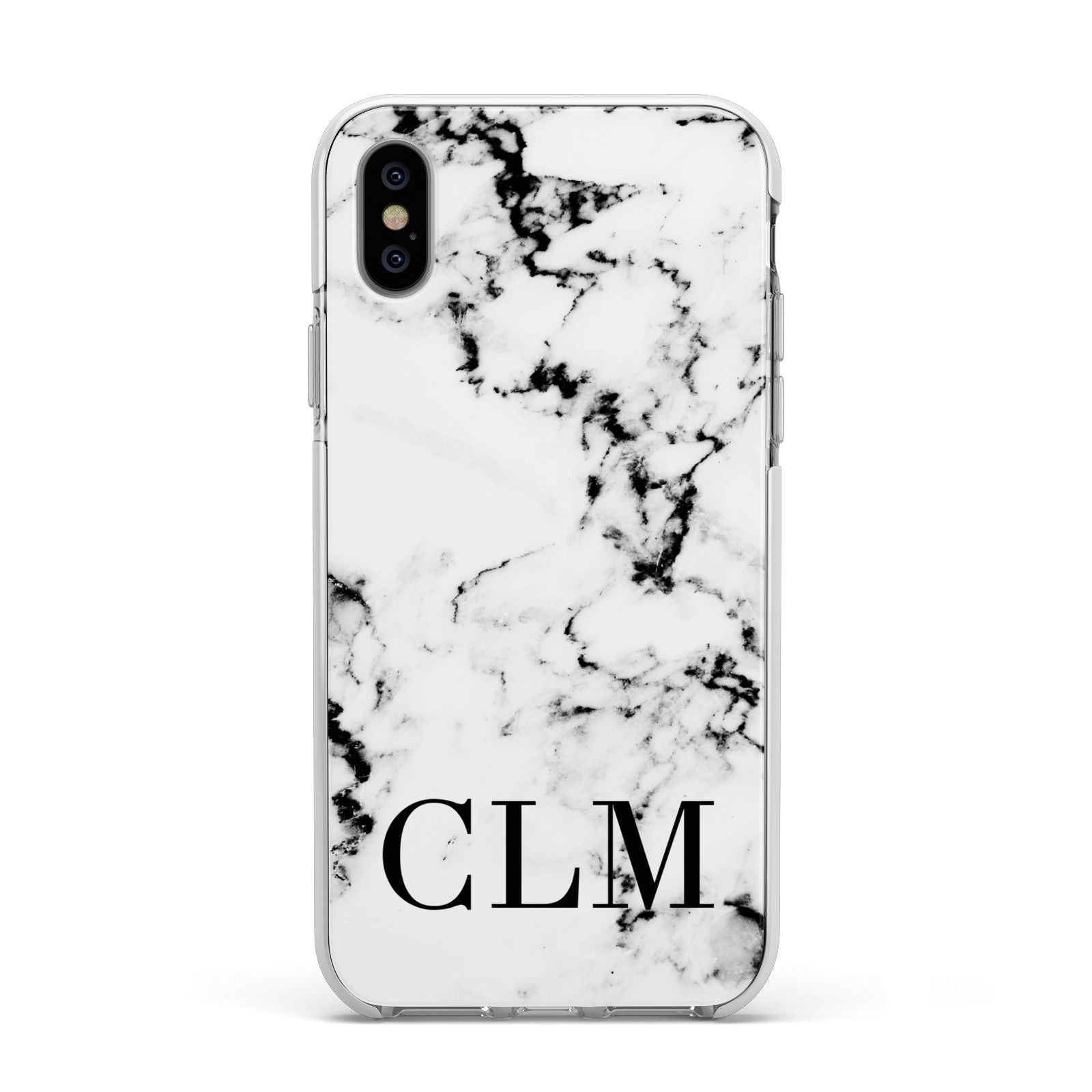 Marble Black Initials Personalised Apple iPhone Xs Impact Case White Edge on Silver Phone