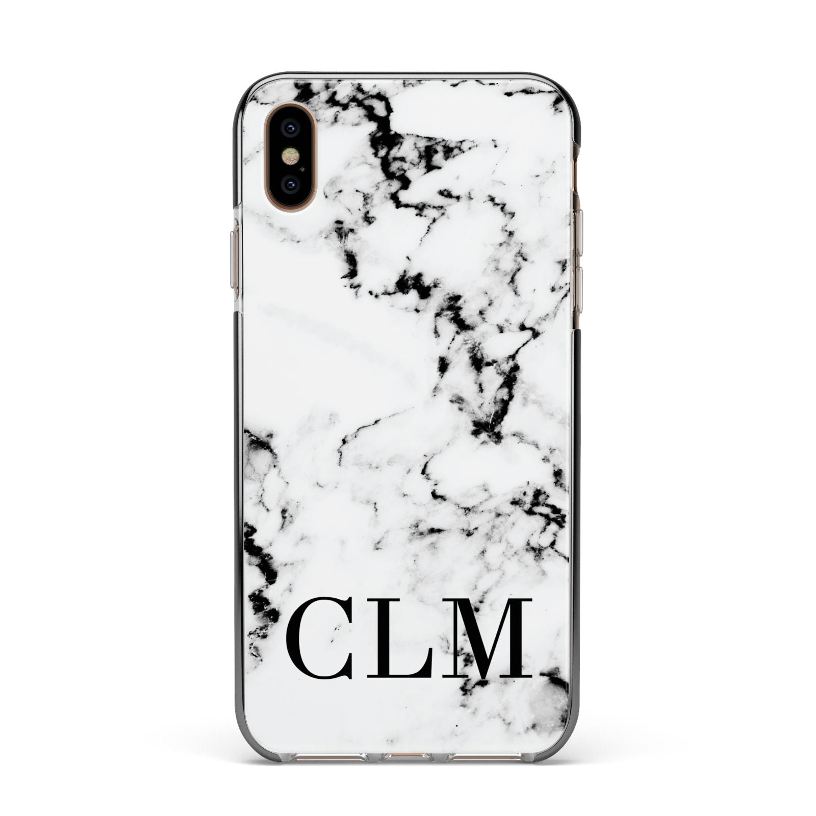 Marble Black Initials Personalised Apple iPhone Xs Max Impact Case Black Edge on Gold Phone