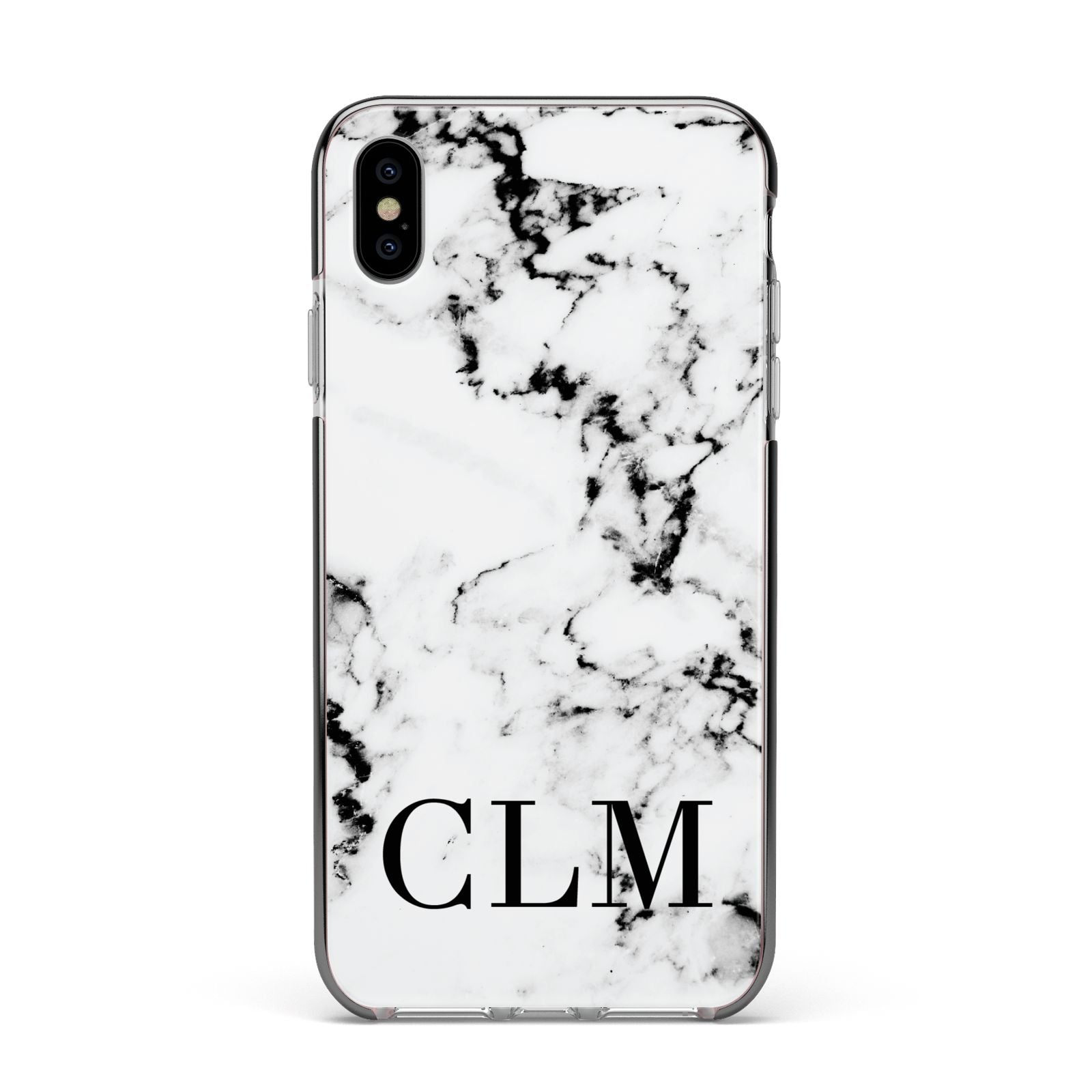 Marble Black Initials Personalised Apple iPhone Xs Max Impact Case Black Edge on Silver Phone