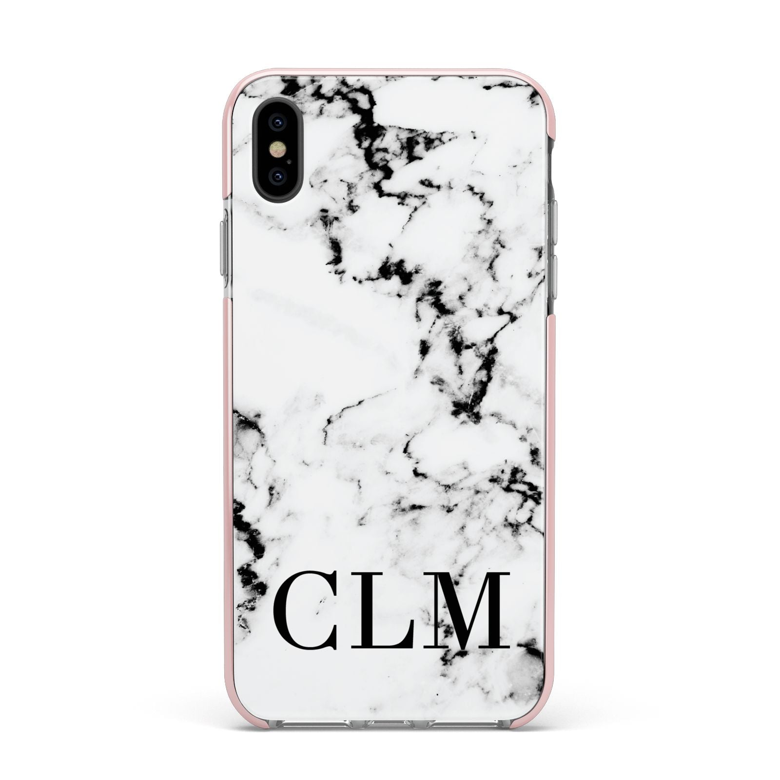 Marble Black Initials Personalised Apple iPhone Xs Max Impact Case Pink Edge on Black Phone