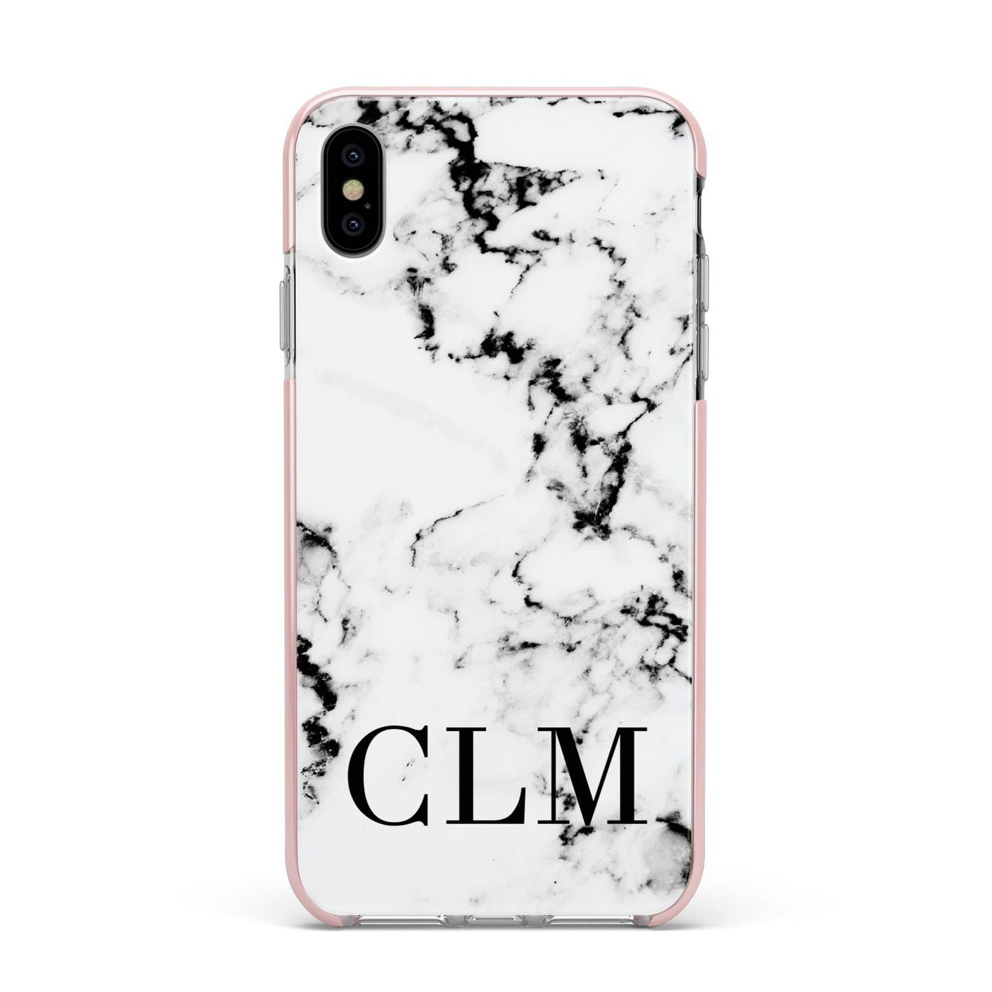 Marble Black Initials Personalised Apple iPhone Xs Max Impact Case Pink Edge on Silver Phone