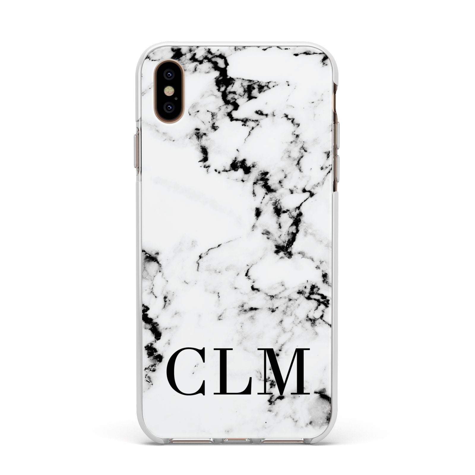 Marble Black Initials Personalised Apple iPhone Xs Max Impact Case White Edge on Gold Phone