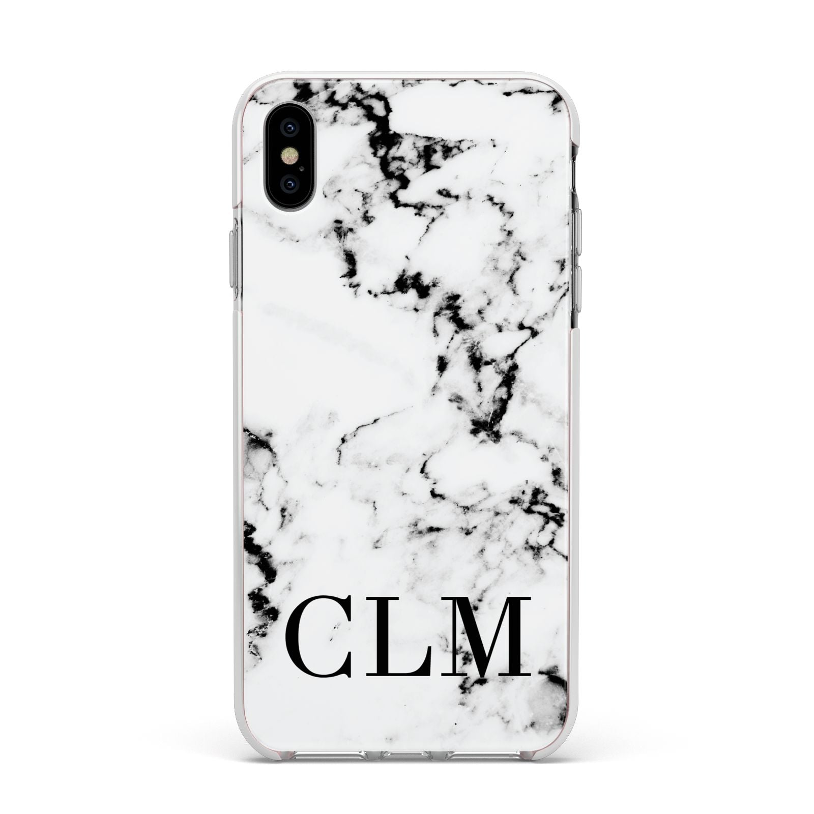 Marble Black Initials Personalised Apple iPhone Xs Max Impact Case White Edge on Silver Phone