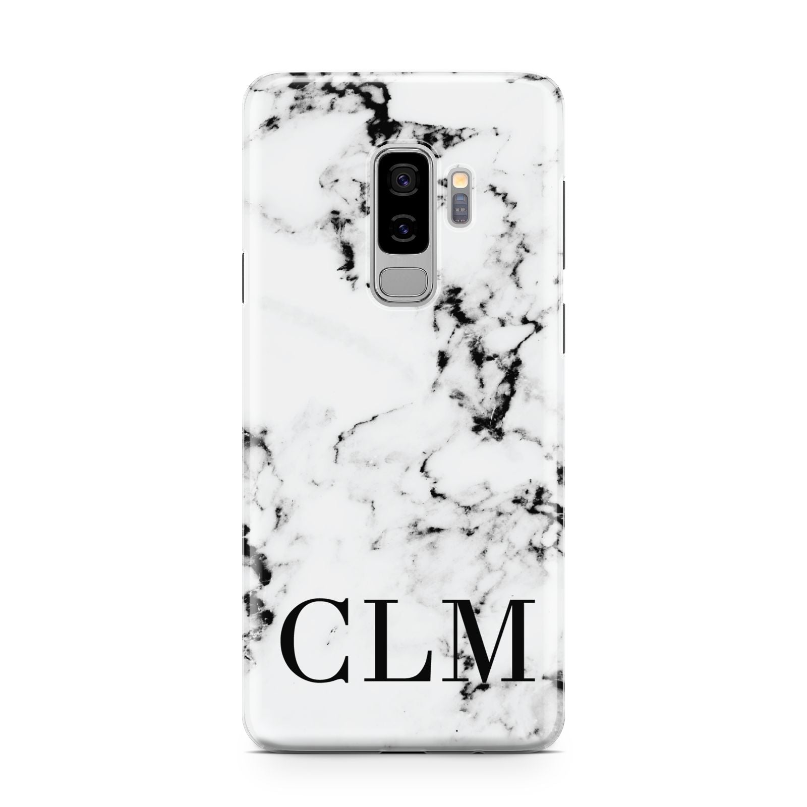 Marble Black Initials Personalised Samsung Galaxy S9 Plus Case on Silver phone