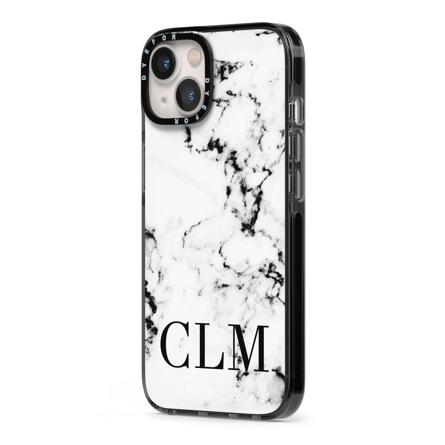 Marble Black Initials Personalised iPhone 13 Black Impact Case Side Angle on Silver phone