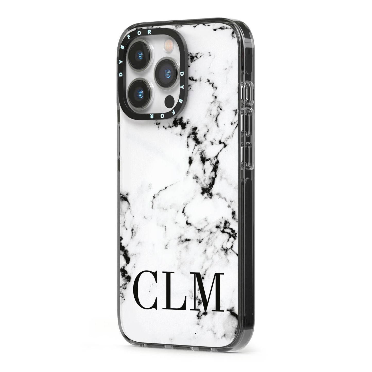 Marble Black Initials Personalised iPhone 13 Pro Black Impact Case Side Angle on Silver phone
