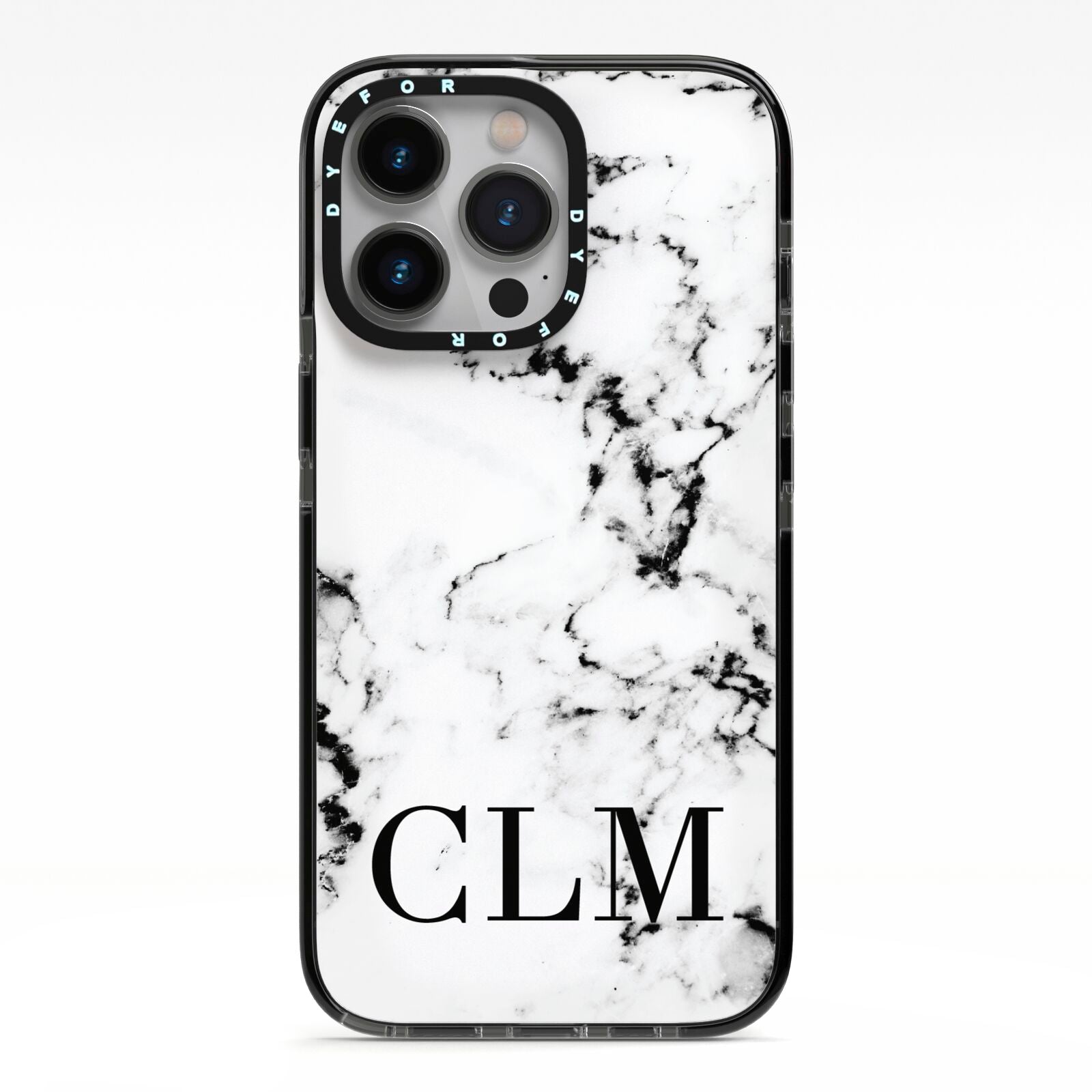 Marble Black Initials Personalised iPhone 13 Pro Black Impact Case on Silver phone