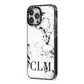 Marble Black Initials Personalised iPhone 13 Pro Max Black Impact Case Side Angle on Silver phone