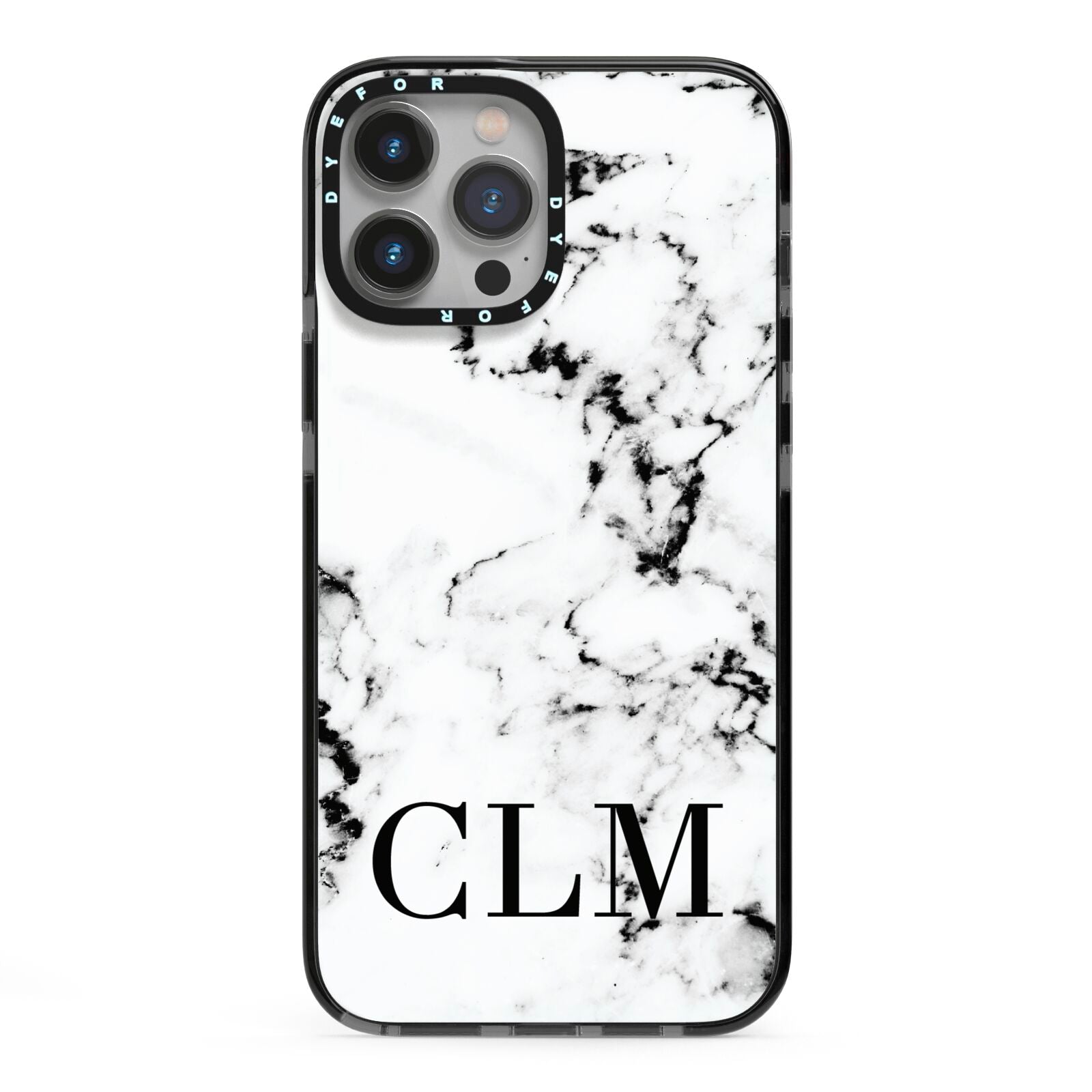 Marble Black Initials Personalised iPhone 13 Pro Max Black Impact Case on Silver phone