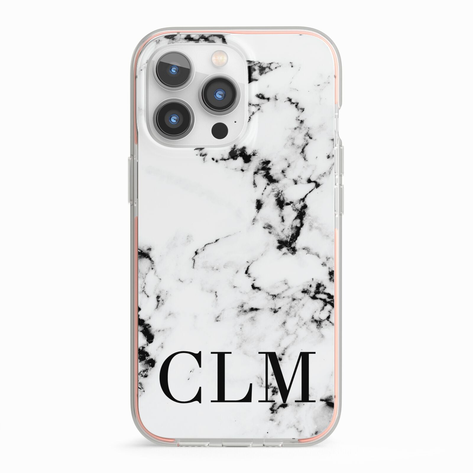 Marble Black Initials Personalised iPhone 13 Pro TPU Impact Case with Pink Edges