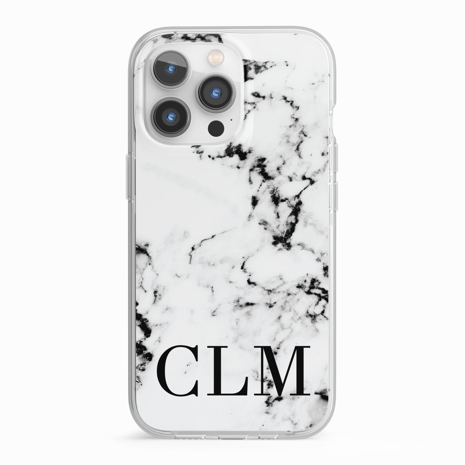 Marble Black Initials Personalised iPhone 13 Pro TPU Impact Case with White Edges