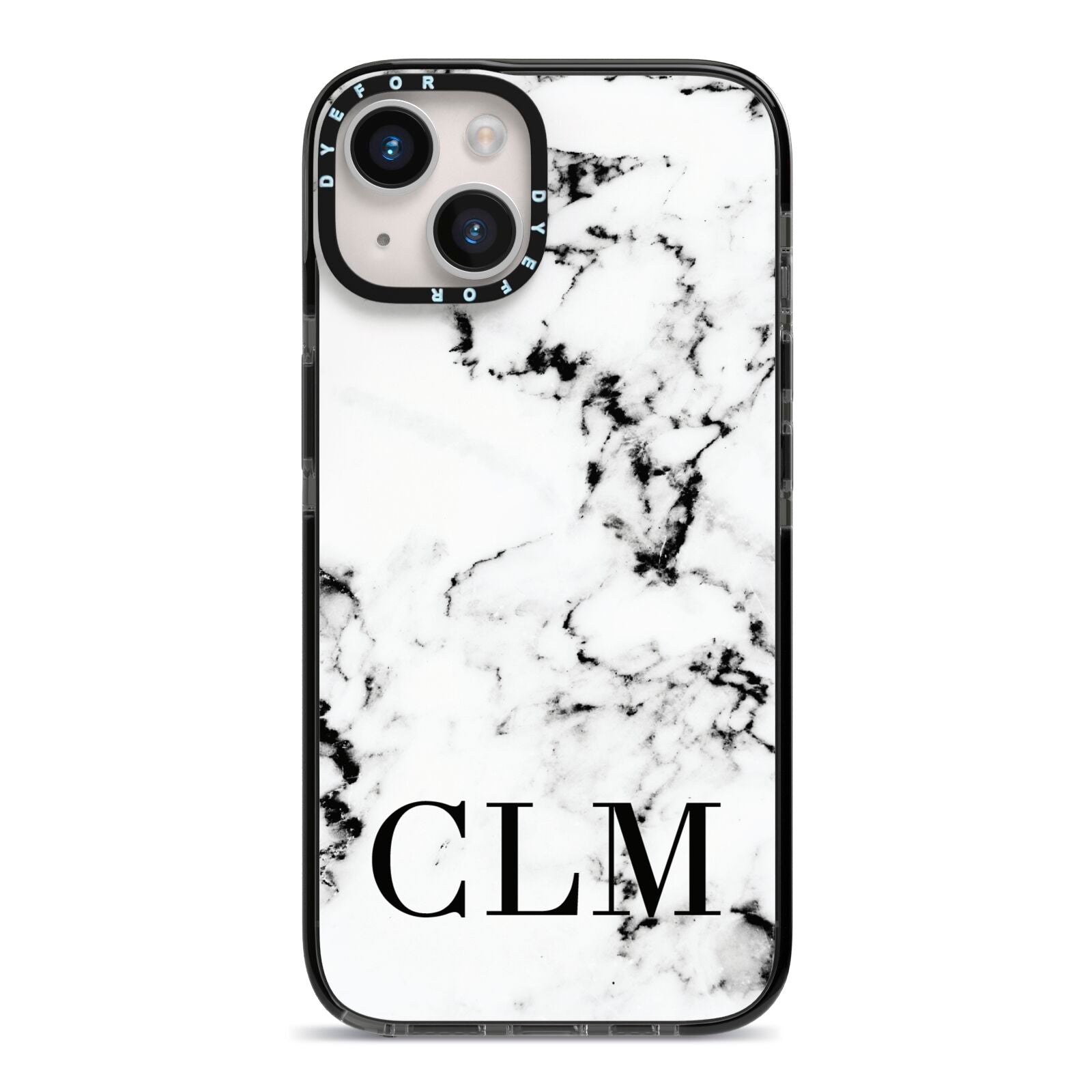Marble Black Initials Personalised iPhone 14 Black Impact Case on Silver phone
