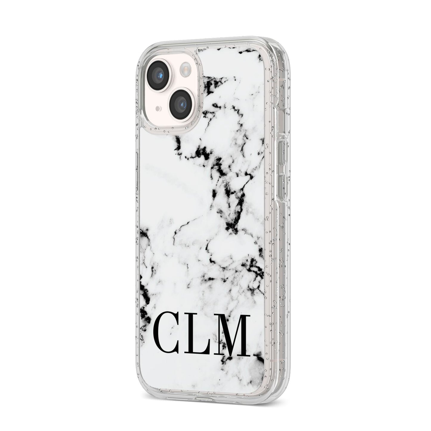 Marble Black Initials Personalised iPhone 14 Glitter Tough Case Starlight Angled Image