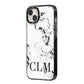 Marble Black Initials Personalised iPhone 14 Plus Black Impact Case Side Angle on Silver phone