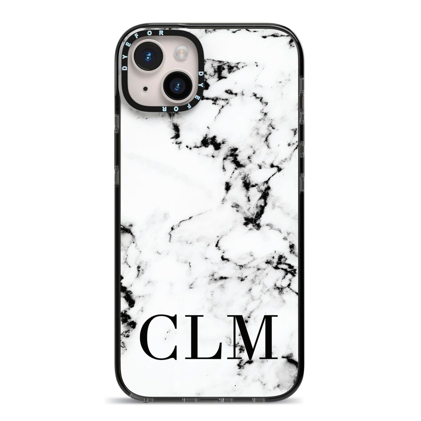 Marble Black Initials Personalised iPhone 14 Plus Black Impact Case on Silver phone