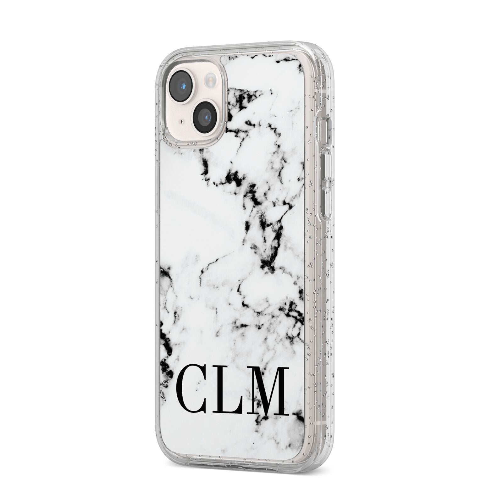 Marble Black Initials Personalised iPhone 14 Plus Glitter Tough Case Starlight Angled Image