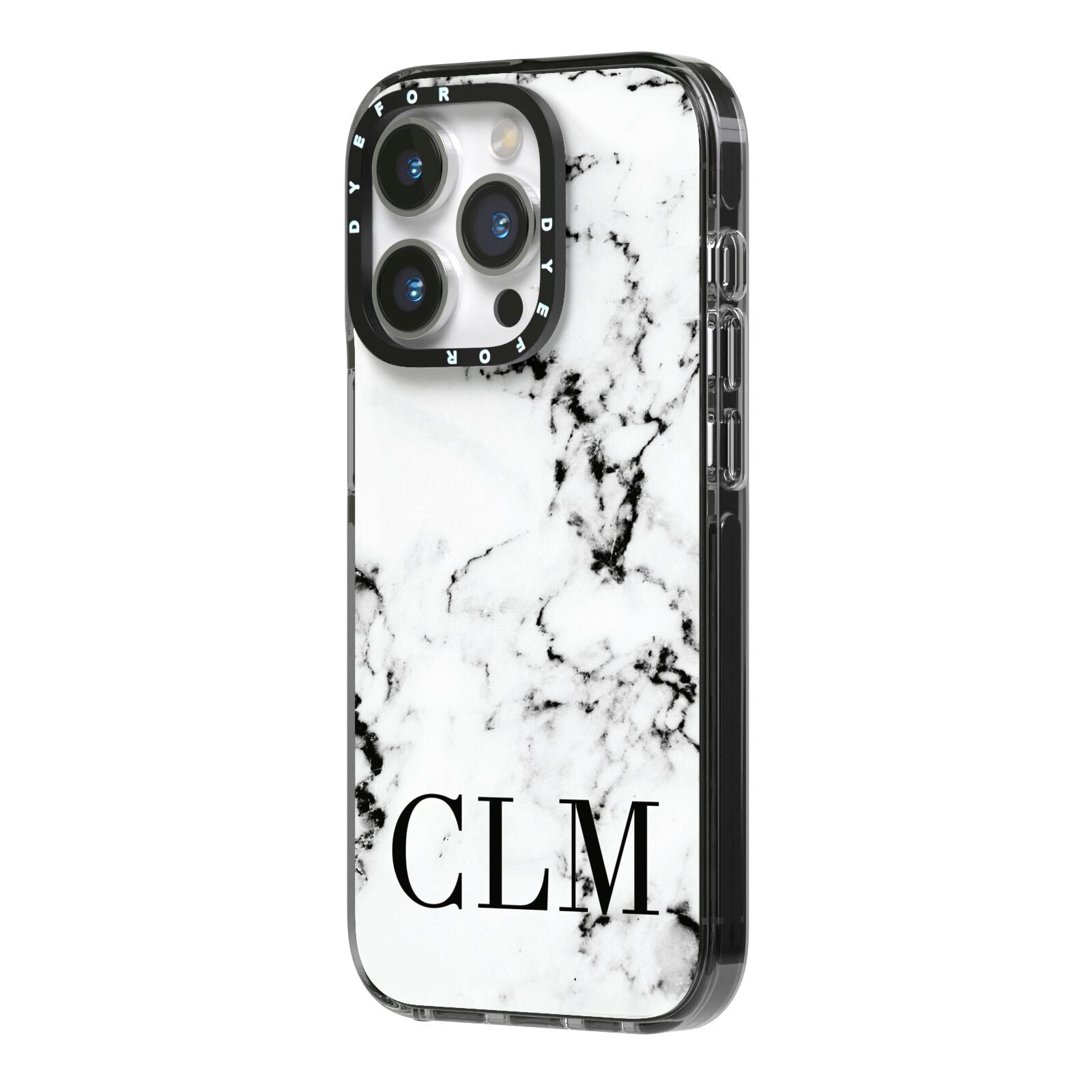 Marble Black Initials Personalised iPhone 14 Pro Black Impact Case Side Angle on Silver phone