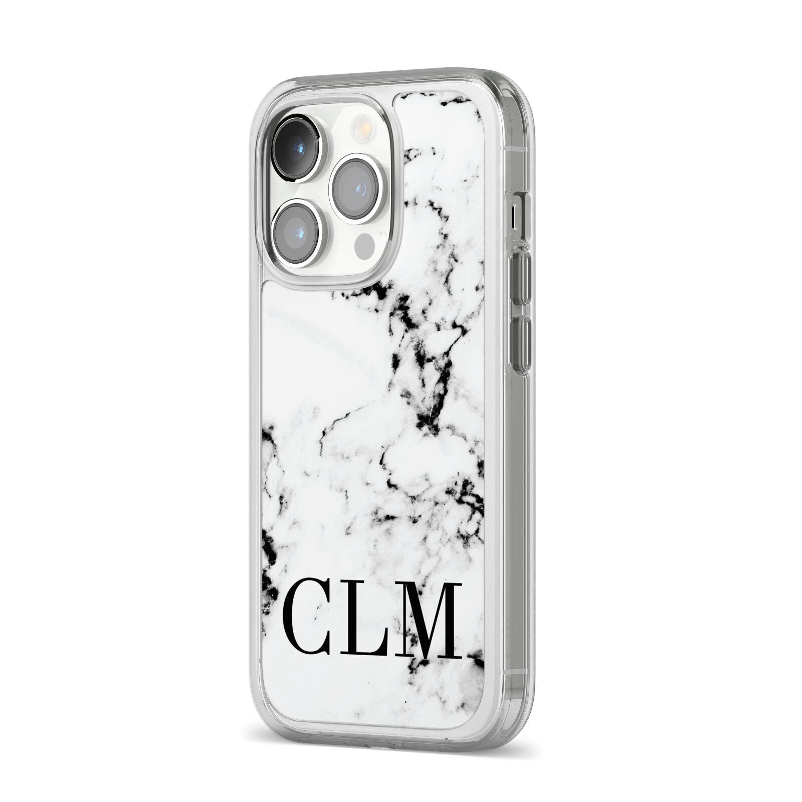 Marble Black Initials Personalised iPhone 14 Pro Clear Tough Case Silver Angled Image