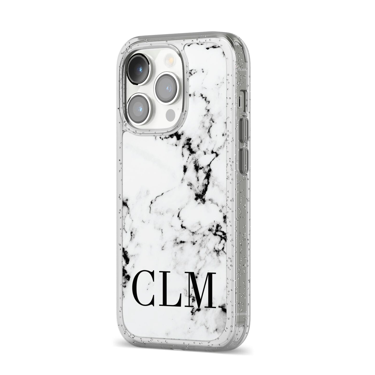 Marble Black Initials Personalised iPhone 14 Pro Glitter Tough Case Silver Angled Image