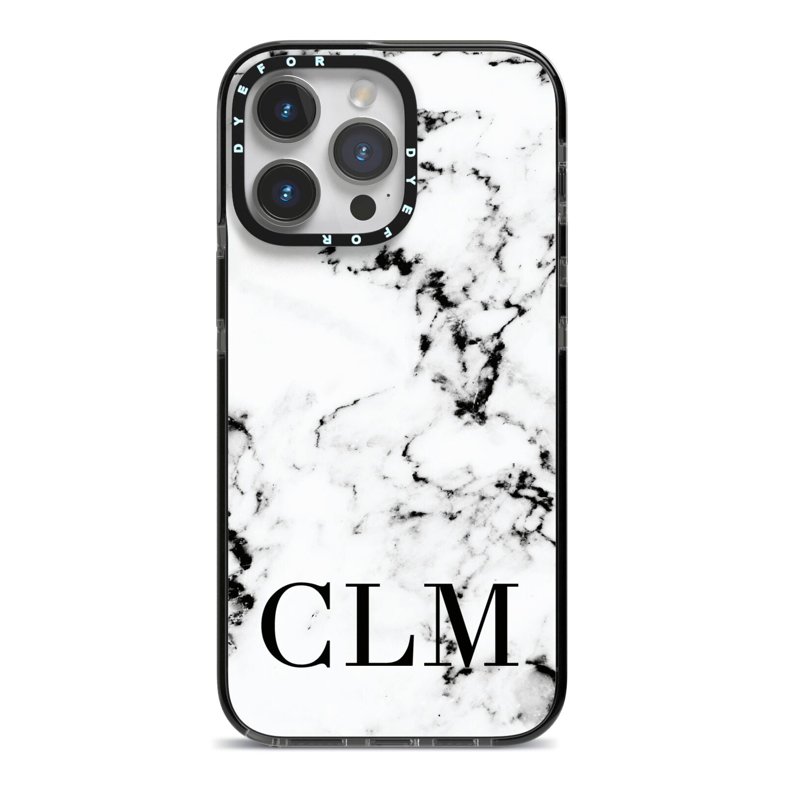 Marble Black Initials Personalised iPhone 14 Pro Max Black Impact Case on Silver phone