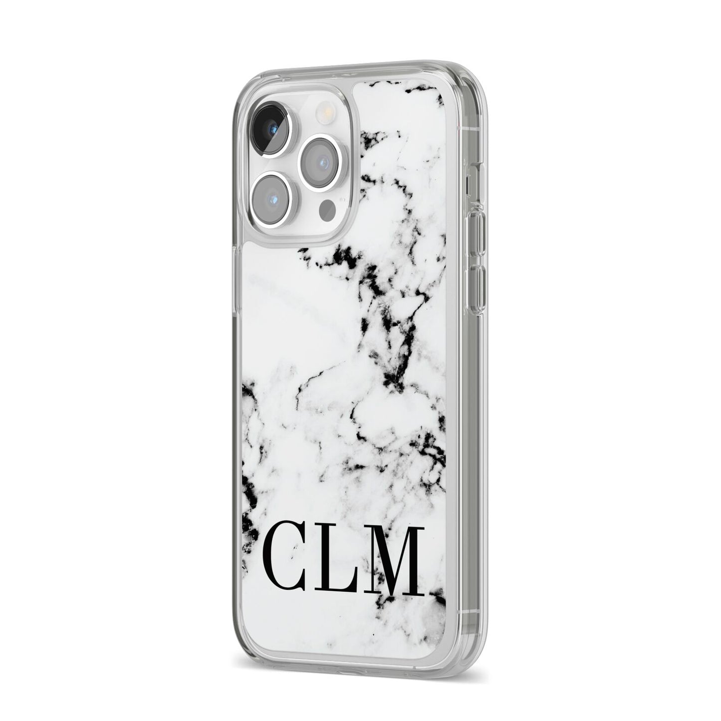 Marble Black Initials Personalised iPhone 14 Pro Max Clear Tough Case Silver Angled Image