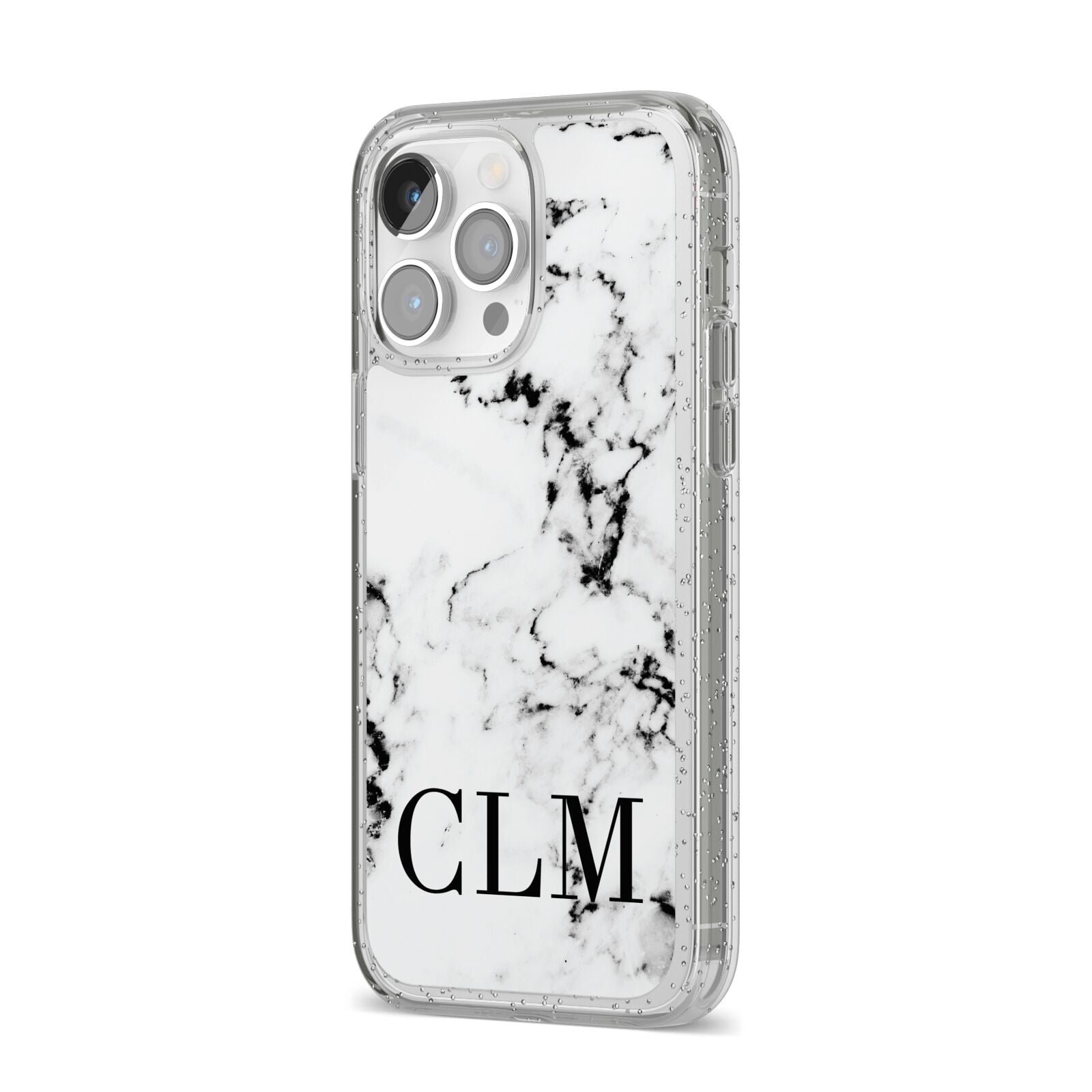 Marble Black Initials Personalised iPhone 14 Pro Max Glitter Tough Case Silver Angled Image