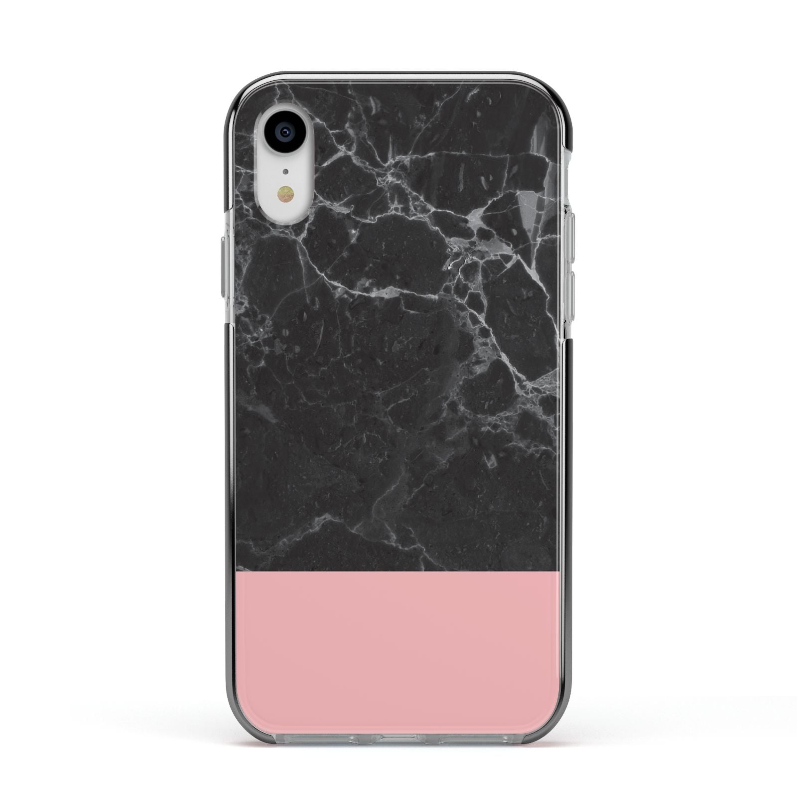 Marble Black Pink Apple iPhone XR Impact Case Black Edge on Silver Phone