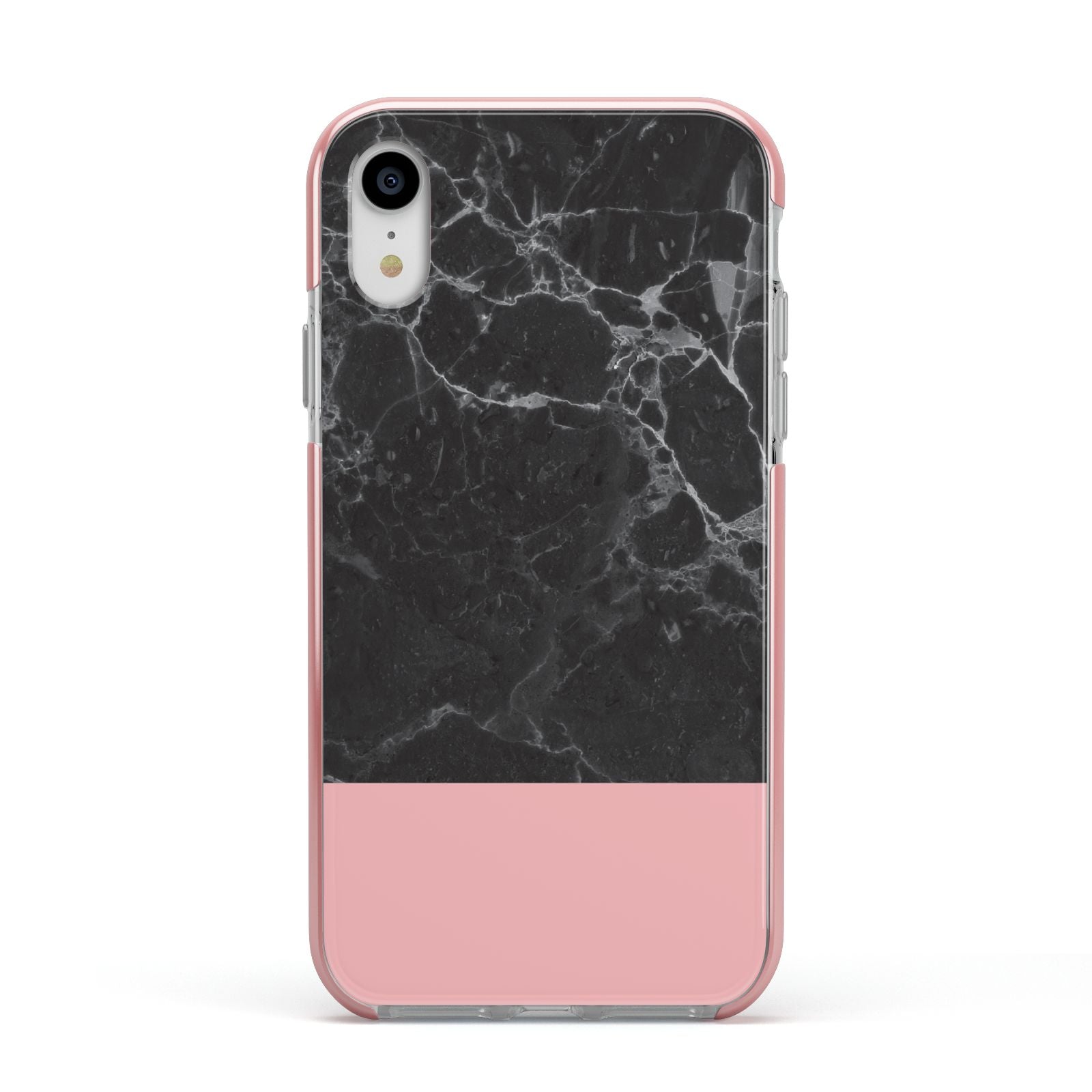 Marble Black Pink Apple iPhone XR Impact Case Pink Edge on Silver Phone