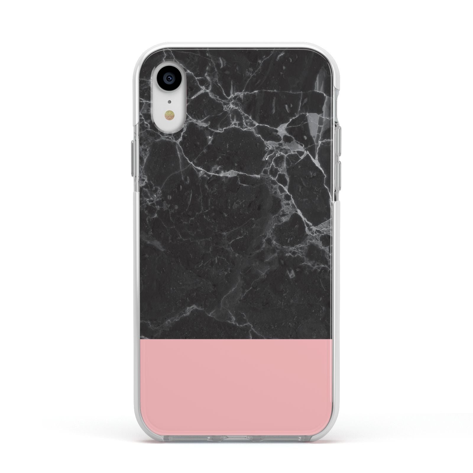 Marble Black Pink Apple iPhone XR Impact Case White Edge on Silver Phone