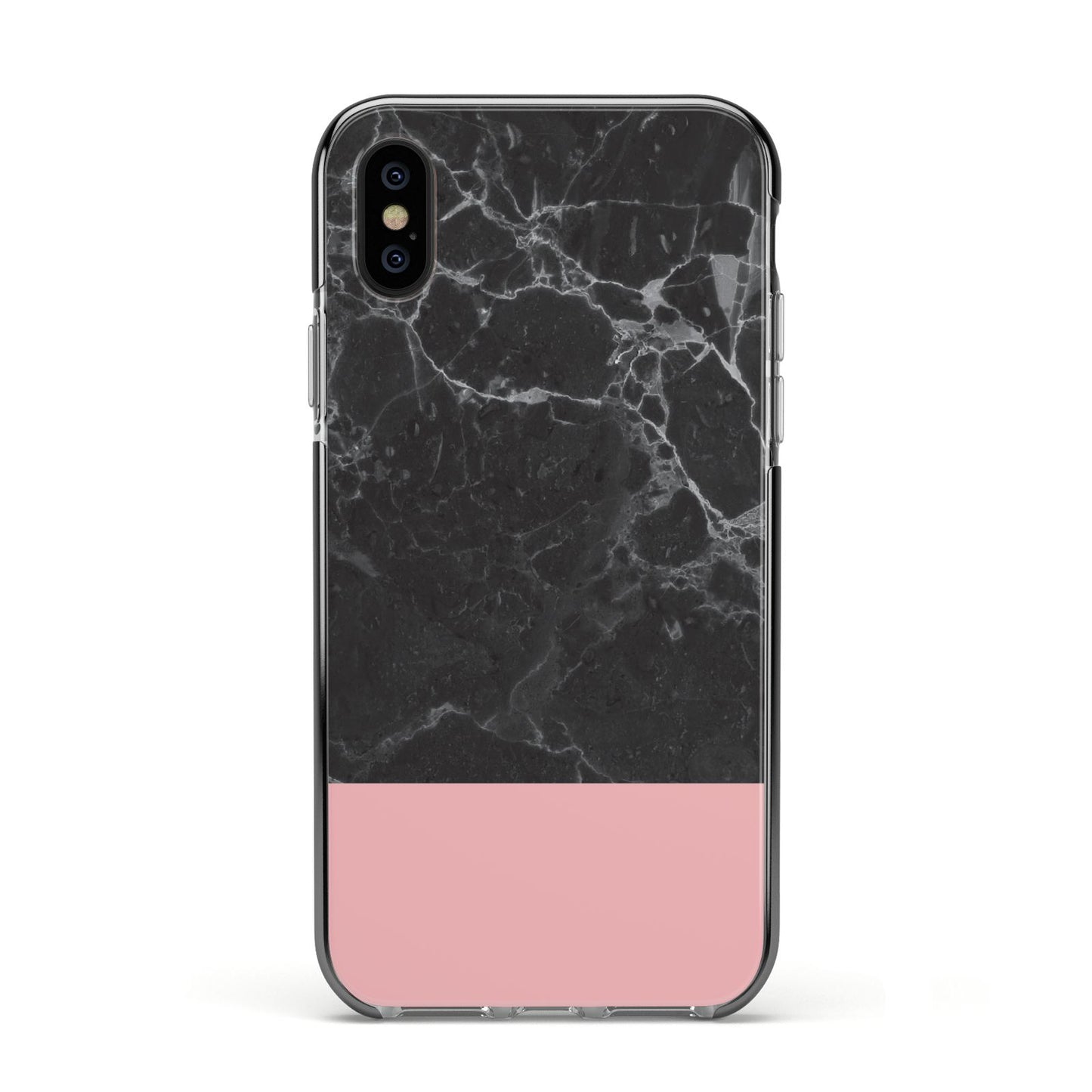 Marble Black Pink Apple iPhone Xs Impact Case Black Edge on Black Phone